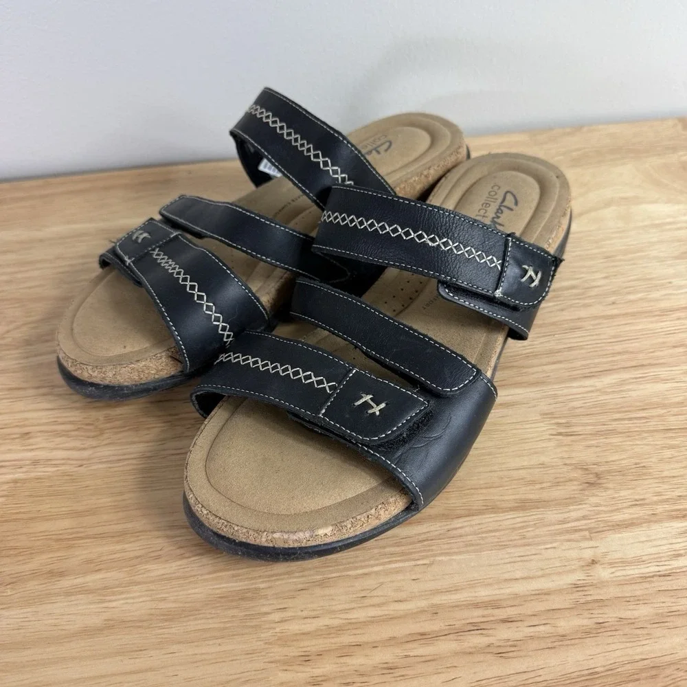 Clarks Women's Roseville Bay Leather Slip On Slide‎ Sandals Black Size 10